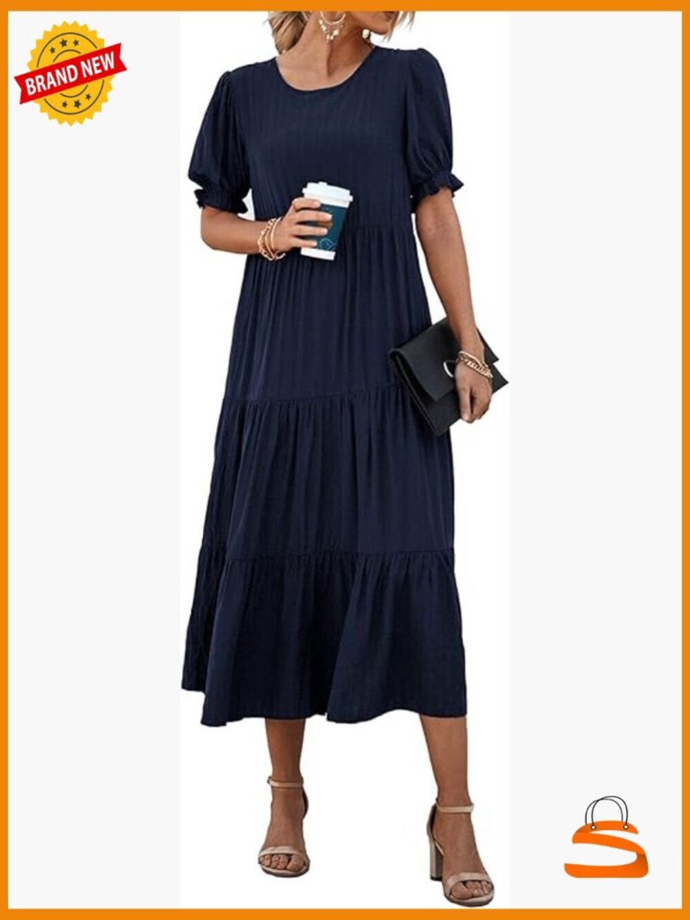 Casual Floral Midi Sun Dress with Puff Sleeves